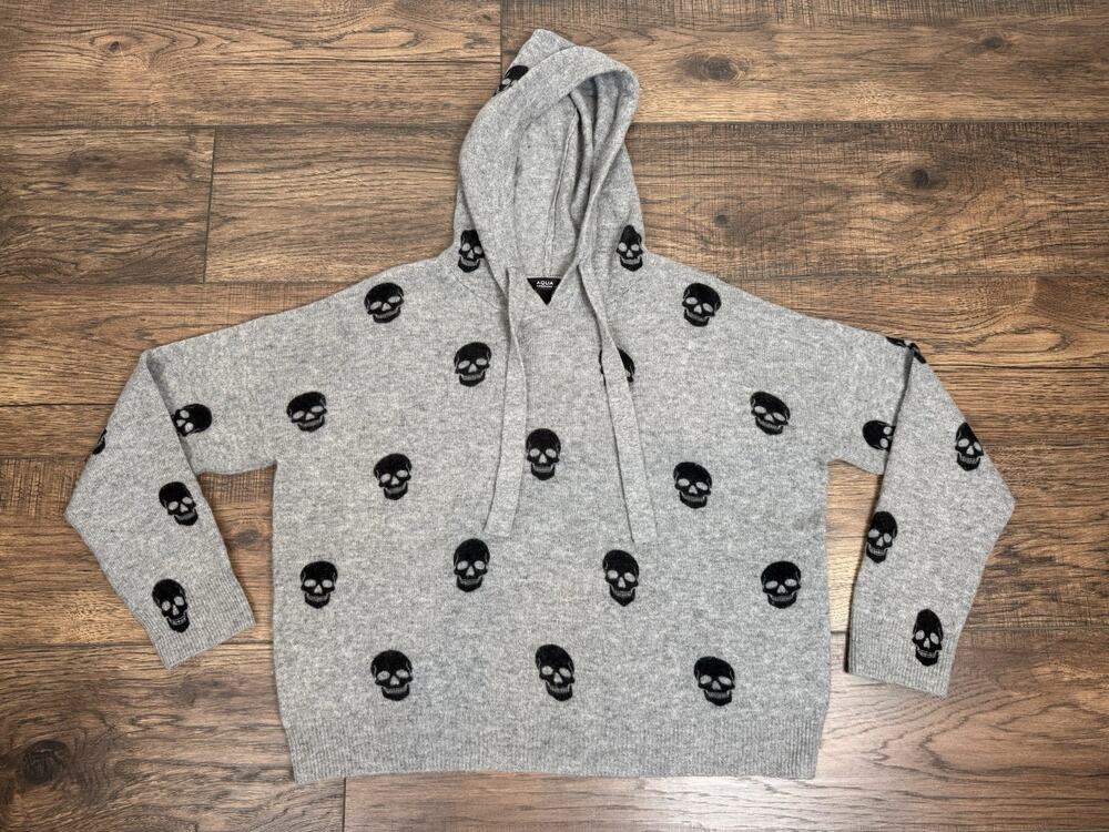 AQUA CASHMERE Grey Skull Print Hoodie Hooded Pullover Sweater S 100% Cashmere